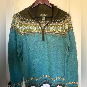 Eddie Bauer blue brown fair isle sweater Medium